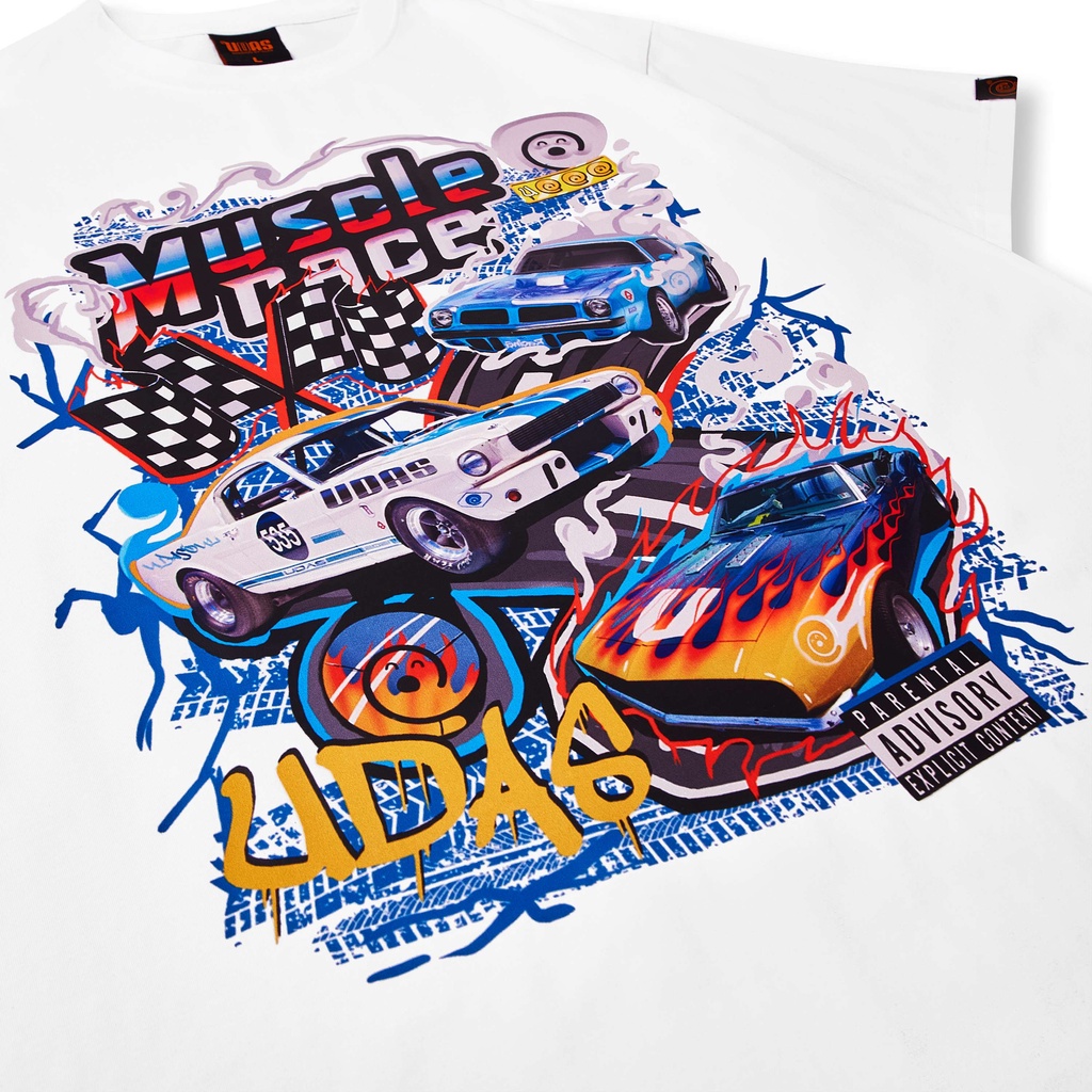 Áo thun tay lỡ UDAS phông Unisex nam nữ Cotton oversize form rộng MUSCLE RACE - Trắng | BigBuy360 - bigbuy360.vn