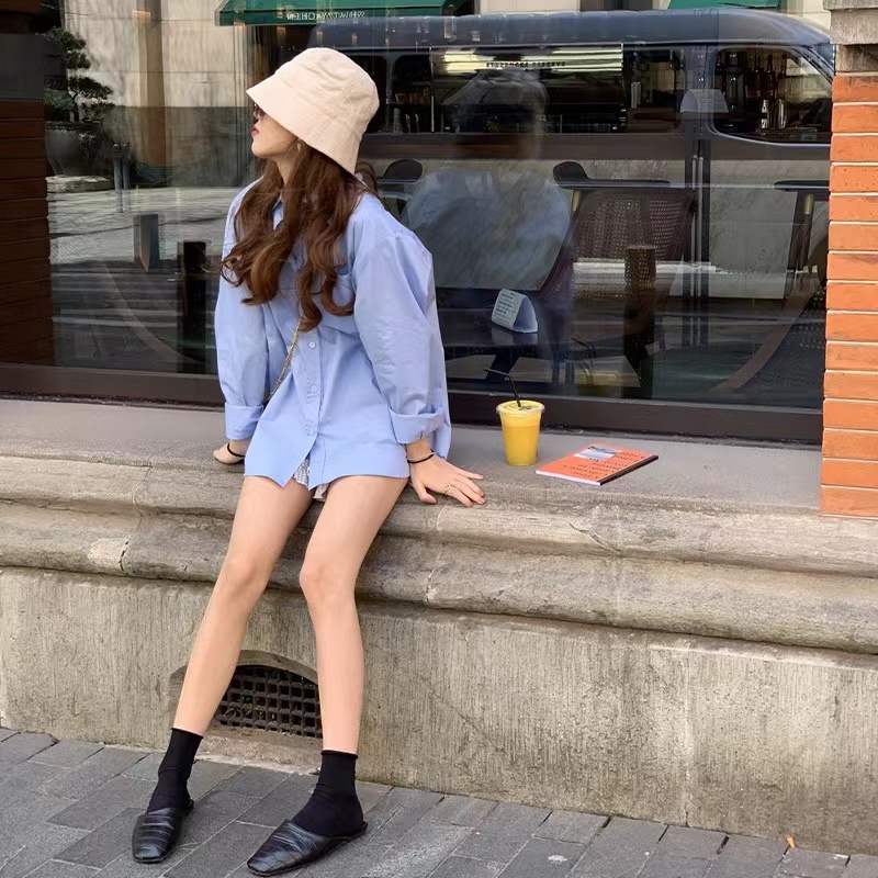 Áo sơ mi SUXI tay dài dáng rộng màu xanh dương thời trang mùa hè cho nữ