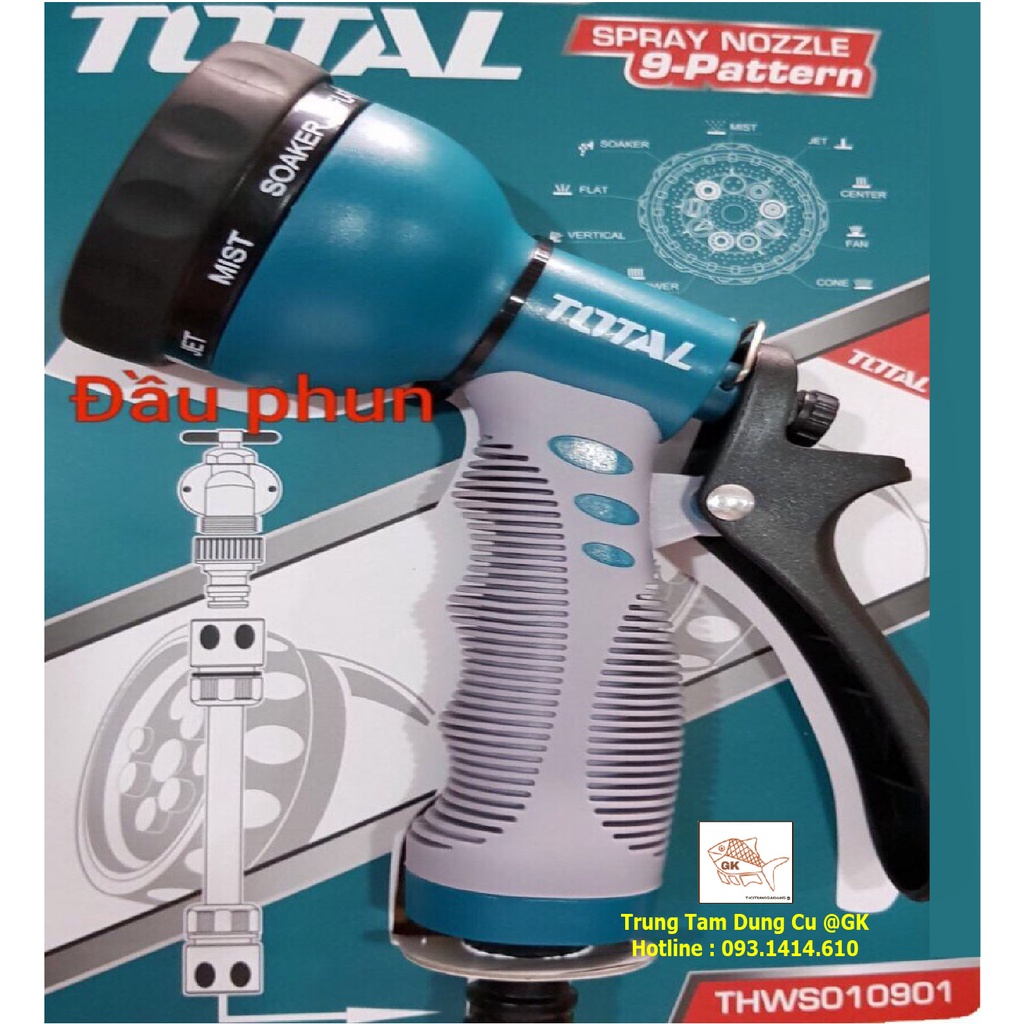 Vòi phun xịt tưới cây 8 chế độ phun TOTAL THWS010901, 3/4" Vòi phun nước máy xịt rửa Total , vòi xịt rửa đa năng