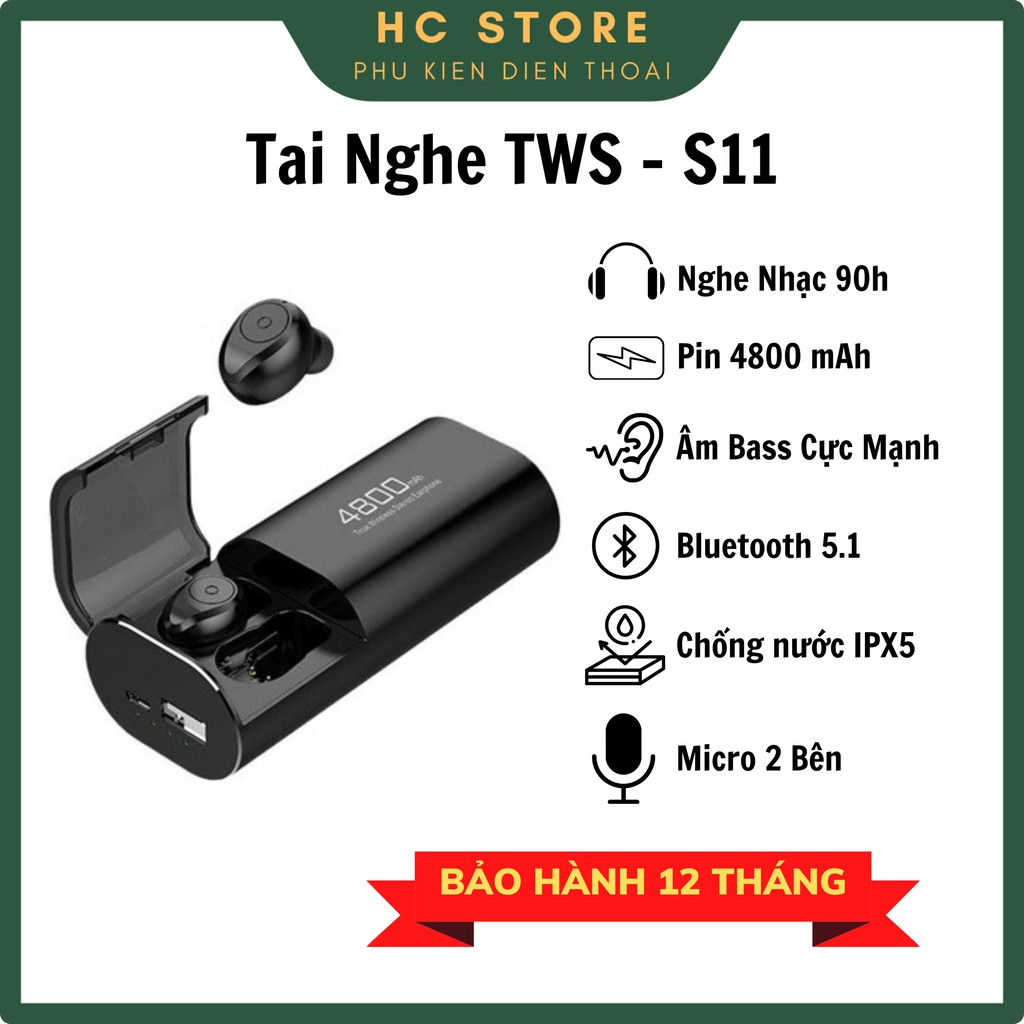 TAI NGHE BLUETOOTH S11 TWS KIÊM SẠC DỰ PHÒNG 4800MAH BẢO HÀNH 12 THÁNG