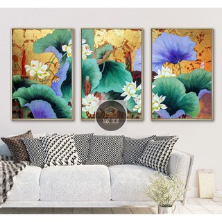 Tranh tráng gương sen xanh nền vàng phù hợp treo phòng khách, đẹp hơn tranh canvas và decal dán tường