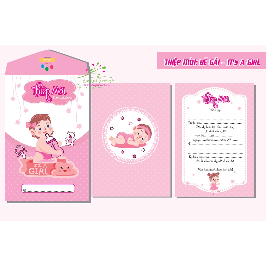 Set 20 Thiệp mời sinh Nhật, thiệp thôi nôi bé gái cute