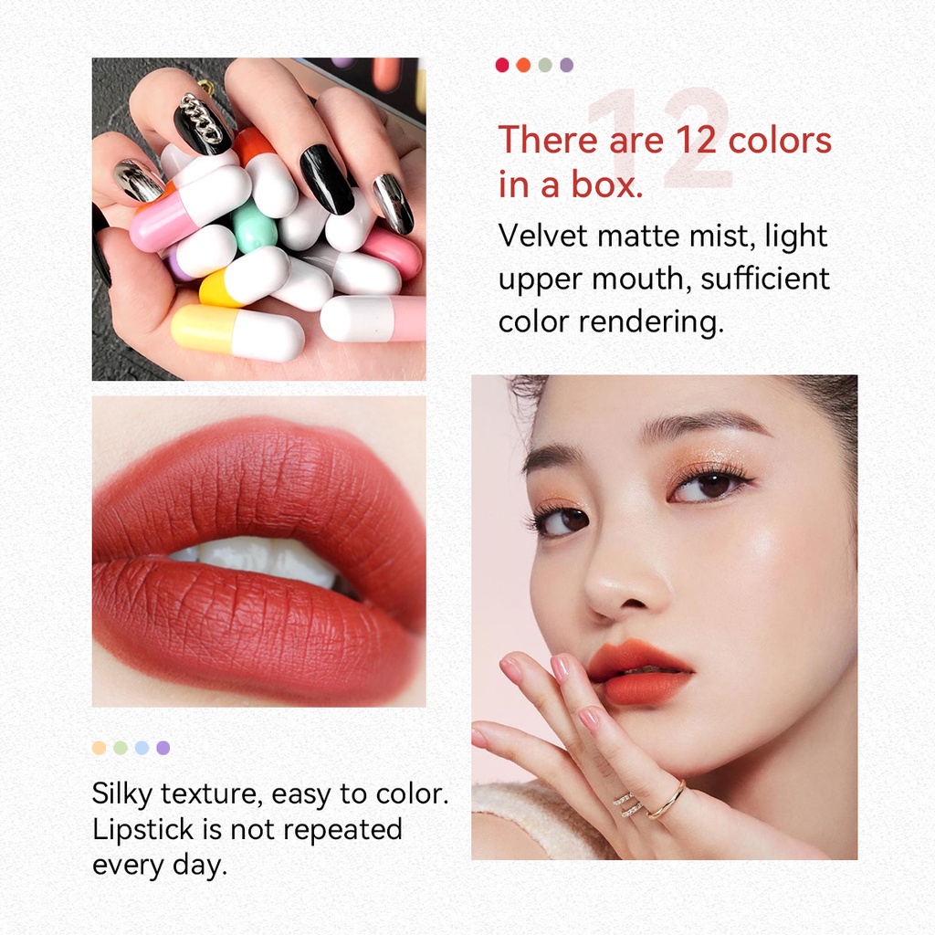 Bộ 12 Son Môi Màu Nhung Lì Lâu Trôi Thiết Kế Hình Viên Con Nhộng Nhỏ Gọn