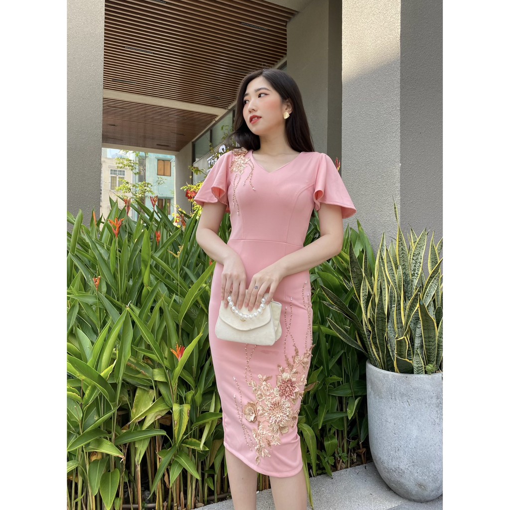 đầm cao cấp trung niên nữ, đầm dự tiệc thiết kế sang trọng phối hoa cao cấp