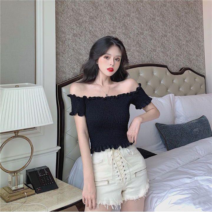 🌲 [Year End Sale] 1125A11B1 Áo trễ vai tay con voan nhún kiểu croptop năng động, cá tính