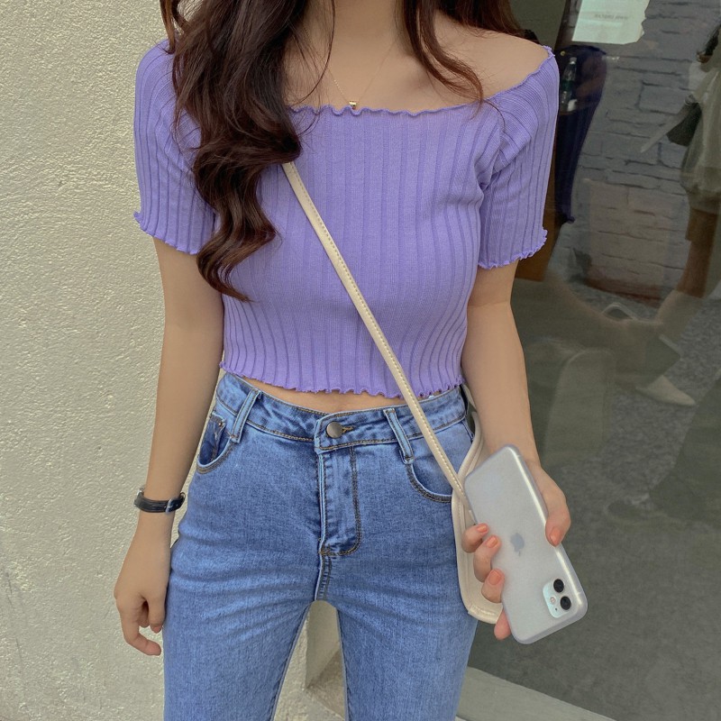 SUXI Áo Dệt Kim Tay Ngắn Màu Trơn Thiết Kế Đơn Giản Hợp Thời Trang