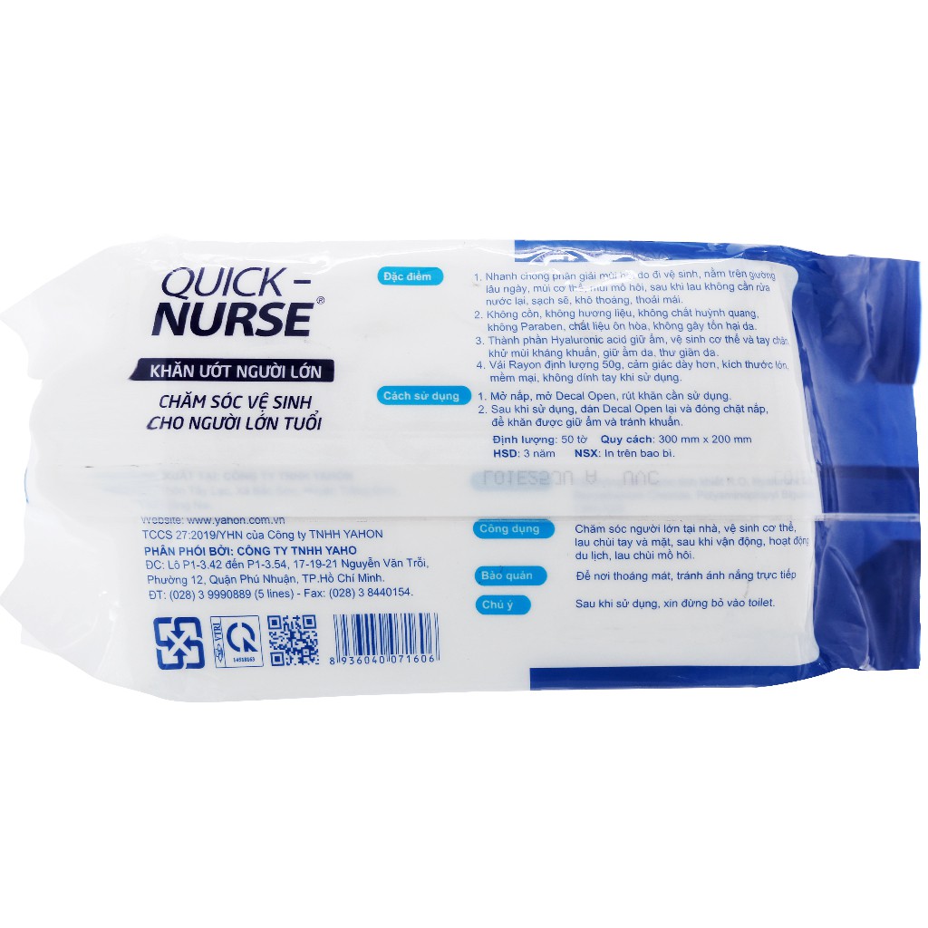 KHĂN ƯỚT NGƯỜI LỚN QUICK-NURSE 50 MIẾNG