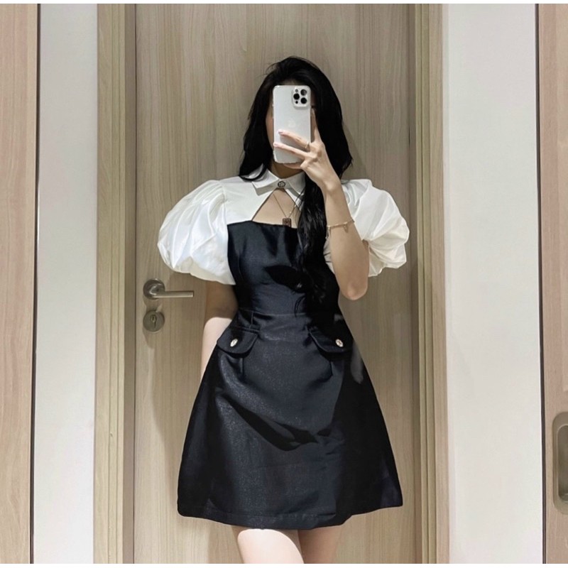 Váy tiểu thư đen trắng tay bồng khoét ngực có cúc cổ ( có ảnh thật ) | BigBuy360 - bigbuy360.vn