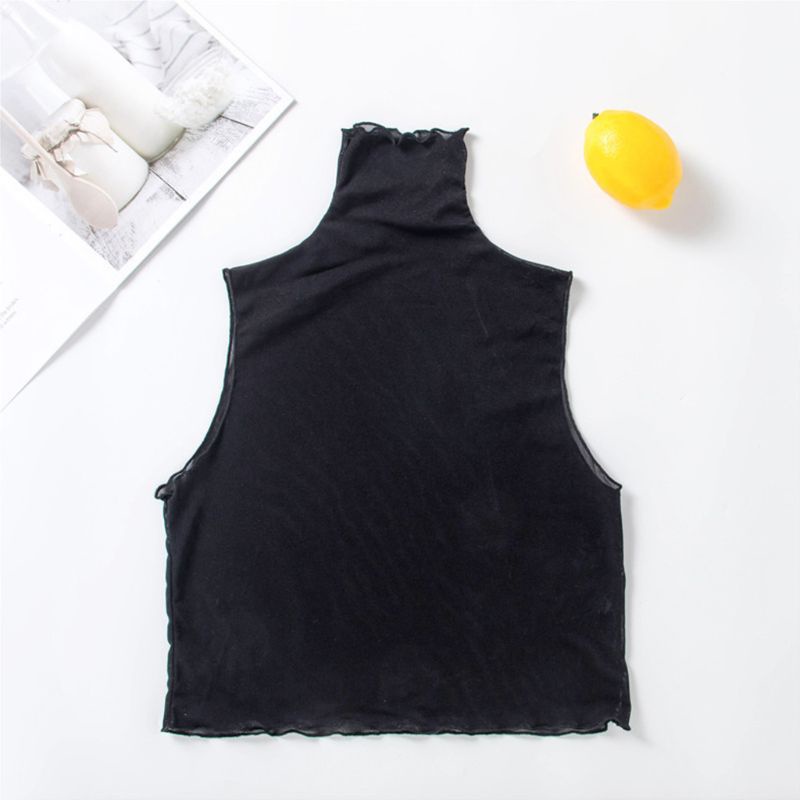 Áo croptop sát nách cổ lọ phối lưới màu trơn thời trang mùa thu cho nữ