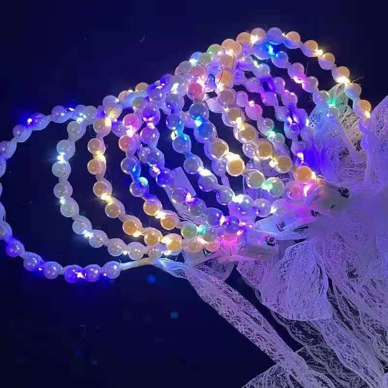 Băng đô cài tóc co giãn đính ngọc trai có đèn LED nhiều màu chống trượt phong cách Hàn Quốc cho nữ