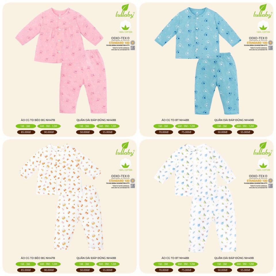 Bộ QA dài tay cài giữa quần đáp đũng 100% cotton mới Lullaby