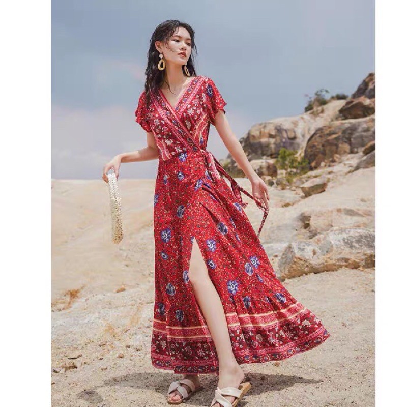 Váy đầm maxi boho thổ cầm dáng dài cổ V xẻ tà thắt dây eo vintage đi biển du lịch diện hè 2021