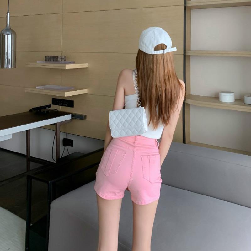 Jiashucheng Quần Short Jean Lưng Cao Dáng Ôm Không Đồng Đều Màu Hồng Phong Cách Mới Mùa Hè Cho Nữ