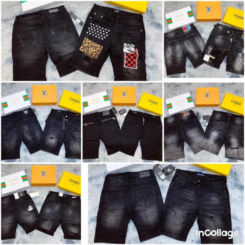 Quần short jean nam màu đen thêu logo chất bò - quần short jean ngắn nam co giãn thời trang cao cấp ! *