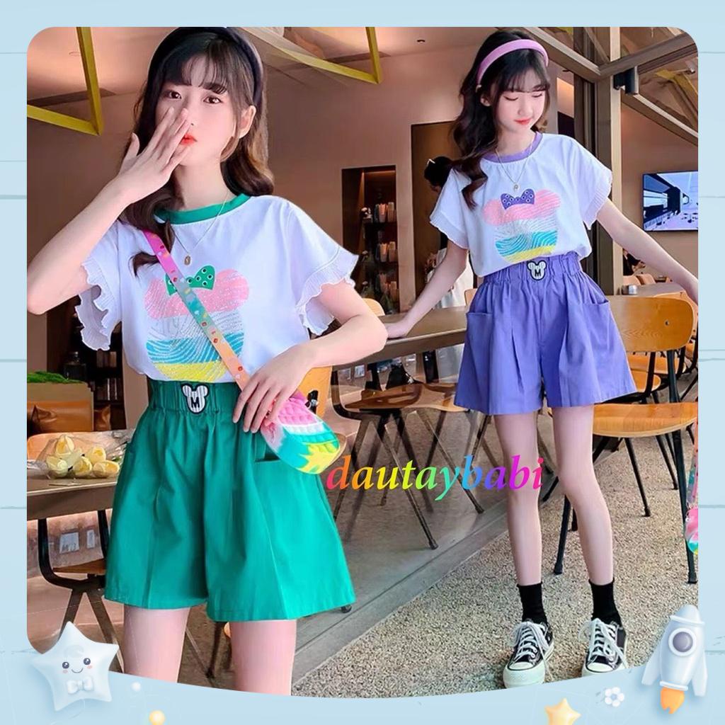 Bộ quần áo bé gái sành điêu áo thun cotton quần kate mùa hè 10-40kg cho bé gái 2-14 tuổi. Xinh xắn đáng yêu.