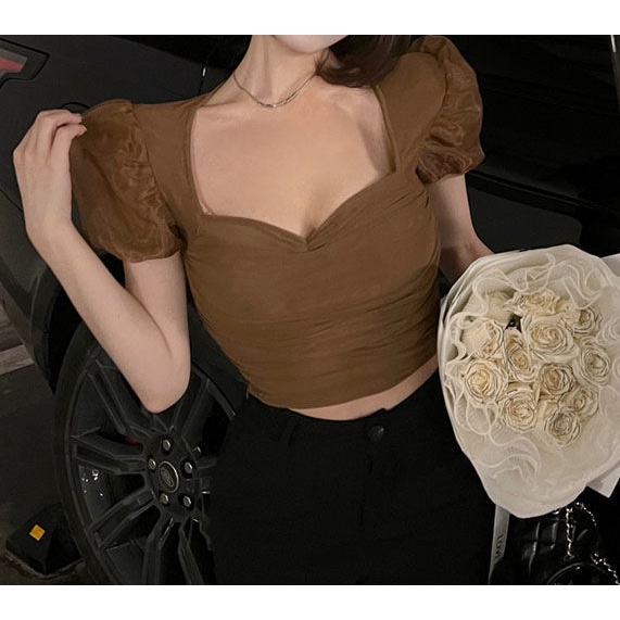 Áo Kiểu Tay Phồng Cổ Vuông Phối Lưới Phong Cách Pháp Ngọt Ngào Thời Trang Mùa Hè Cho Nữ