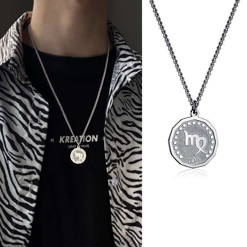 12 Constellation Coin Necklace Korean Personality Titanium Steel Pendant Men's Hip Hop Pendant Couple Accessories
