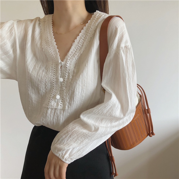 Áo sơ mi trắng cổ chữ V dáng rộng phối ren thanh lịch thời trang mùa thu cho nữ