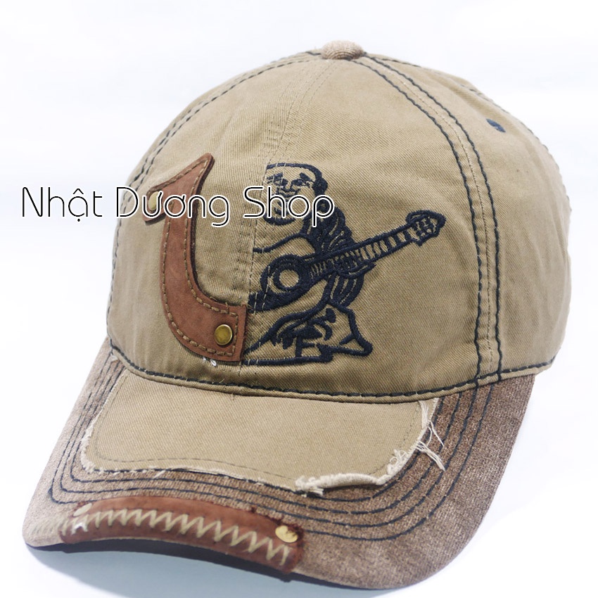 Nón lưới trai ông địa đàn kaki,Nón kết ông địa True Religion loại xịn thêu một nữa - Vải Kaki, vá da trước kết