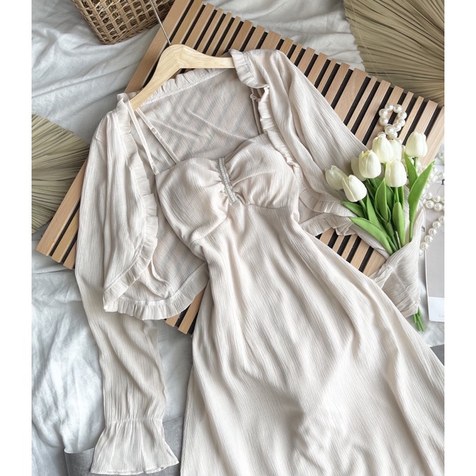SET ĐẦM KEM 2 DÂY NHÍU CƯỜM MIDI + ÁO KHOÁC CROPTOP BÈO KEM