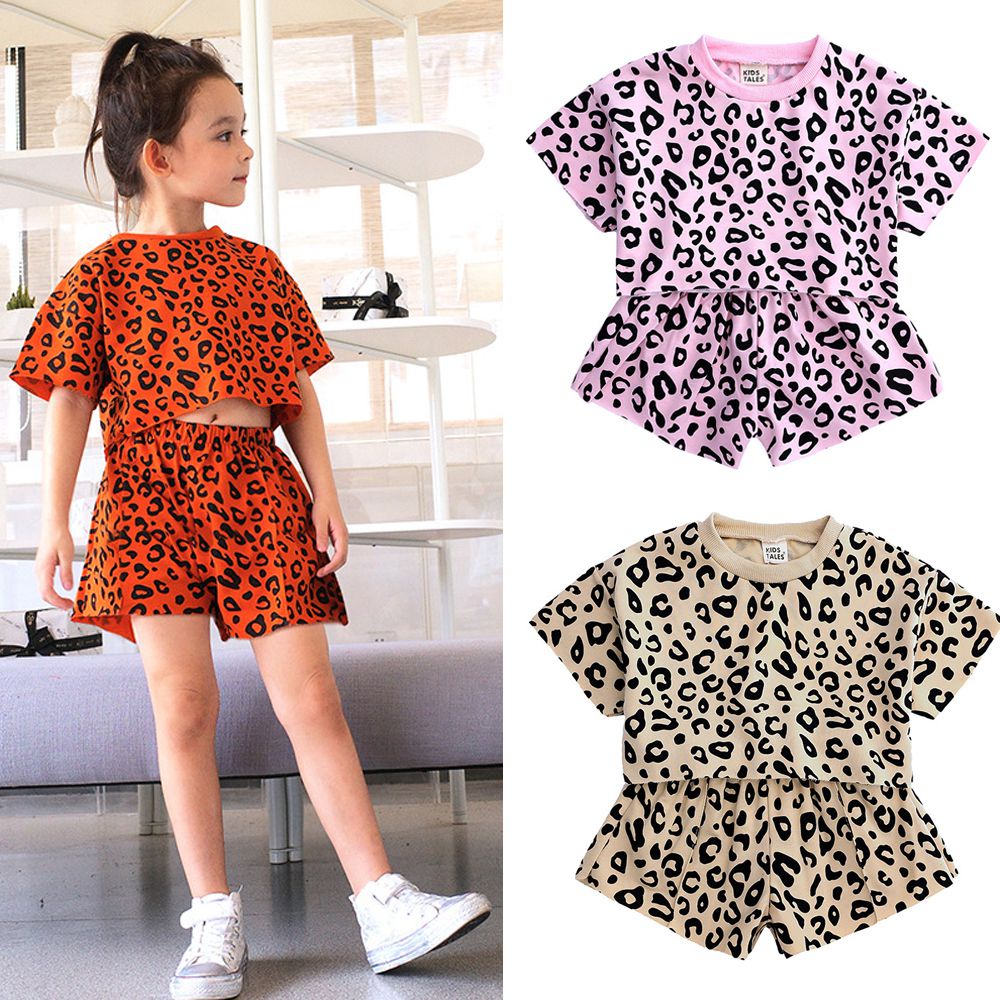 Set áo tay ngắn + quần chất cotton mềm thoáng khí in họa tiết da báo thời trang mùa hè xinh xắn dành cho bé gái