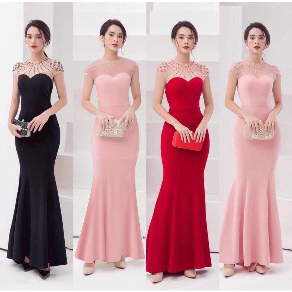 Đầm dạ hội kết pha lê cổ sang trọng