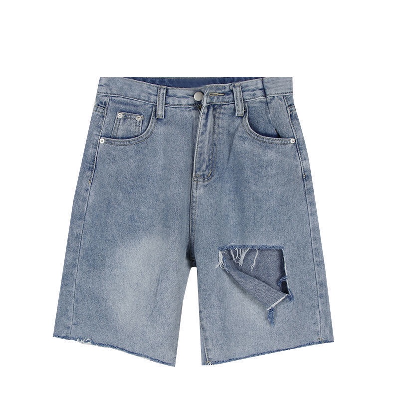 Áo liền quần Denim Ngắn Ống Rộng Lưng Cao Phối Rách Thời Trang Mùa Hè Cho Nữ