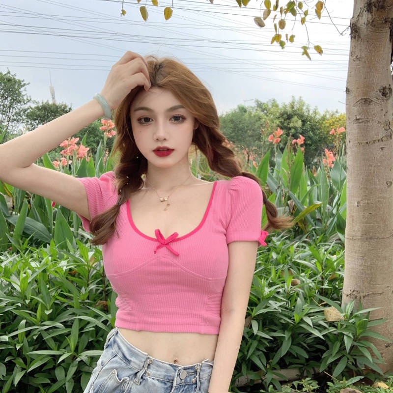 Áo Thun Tay Ngắn Phối Nơ Thiết Kế Dễ Thương Dễ Phối Đồ Thời Trang Mùa Hè Cho Nữ