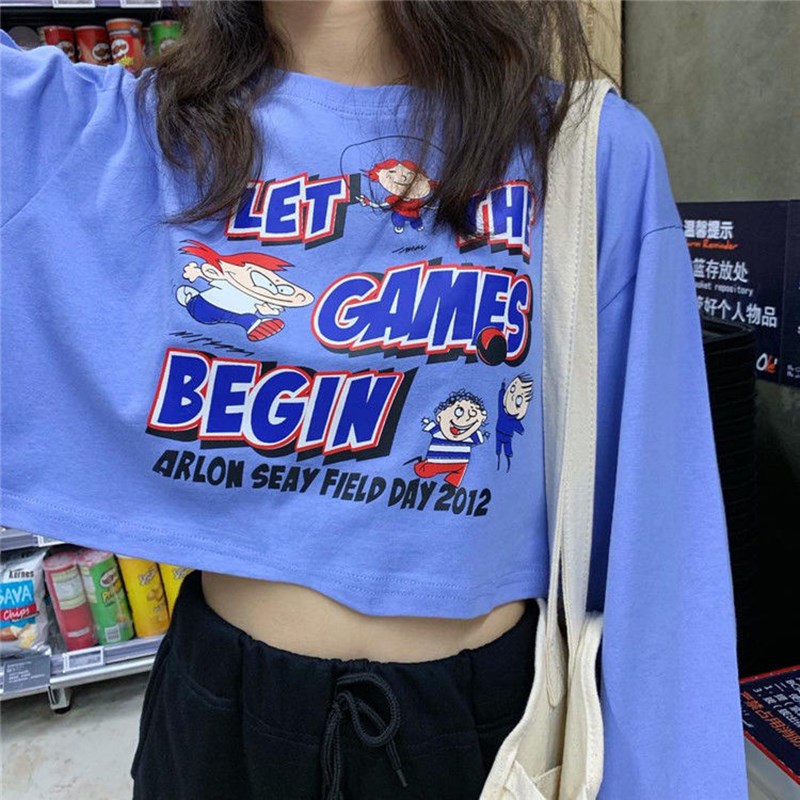 Áo Thun Croptop Tay Dài Kiểu Hàn Quốc 2 Màu Lựa Chọn Cho Nữ