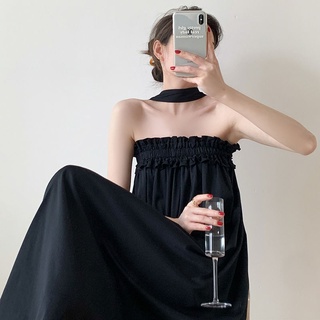 Temperament Sweet Dress Women's Summer New Halter Design Tube Top Black Dress Maxi Dress