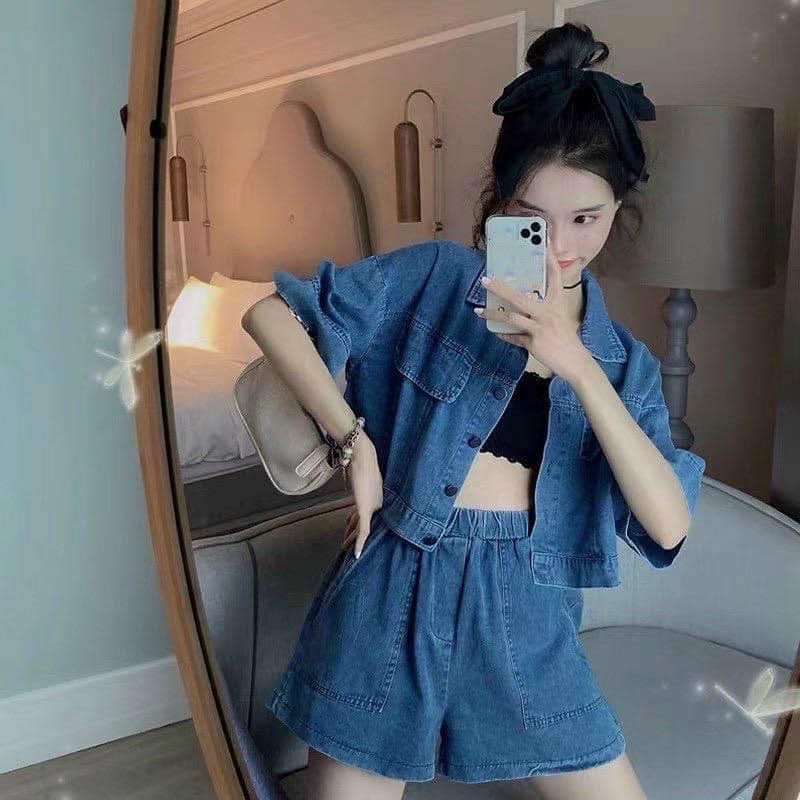 SET JEAN NÚT ĐỒNG ✅ Ảnh trải sàn là hình chụp thật 👍👍 CHẤT : demin jean mềm