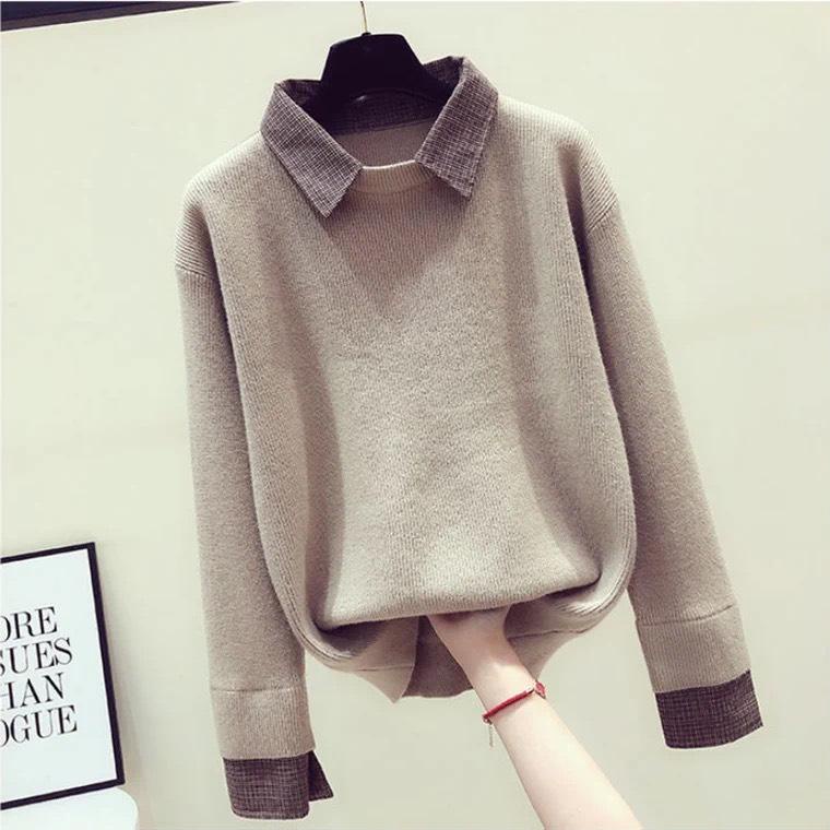 Áo len nữ phối cổ giả sơ mi polo