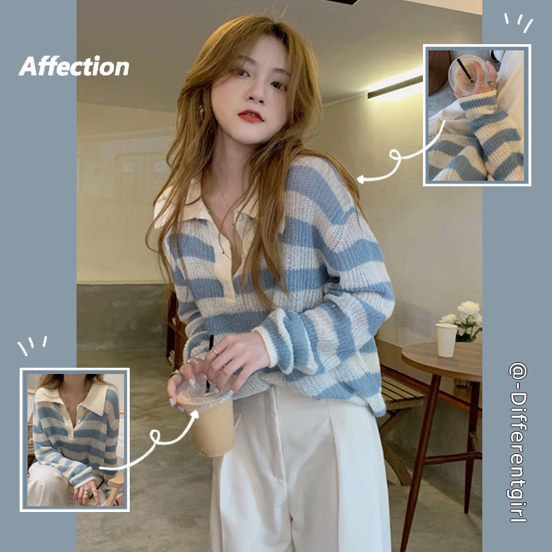 Áo Sweater Dệt Kim Tay Dài Dáng Rộng Cổ Polo Kẻ Sọc Dễ Phối Đồ Cho Nữ | BigBuy360 - bigbuy360.vn