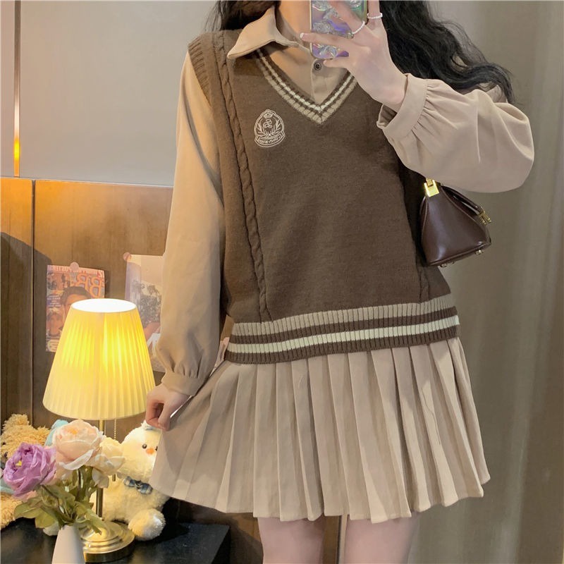 Set Áo Sơ Mi Dài Tay Cổ Chữ V + Đầm Len Dài Tay Cổ Bẻ Thiết Kế Mới Thời Trang Dành Cho Nữ