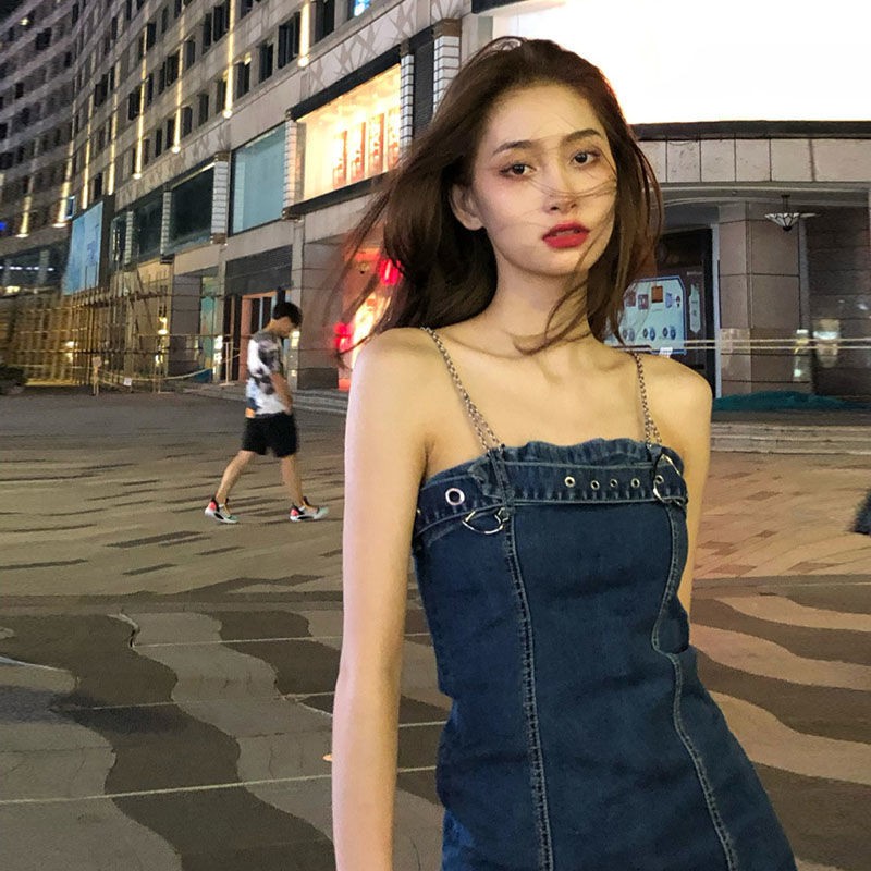 Đầm Denim Hở Vai Phong Cách Retro Pháp Thời Trang Xuân Thu 2021 Mới