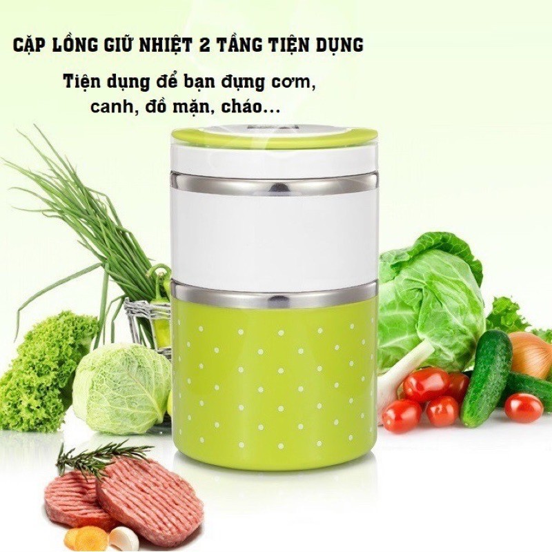 Hộp cơm chấm bi giữ nhiệt thực phẩm ruột Inox 2 tầng