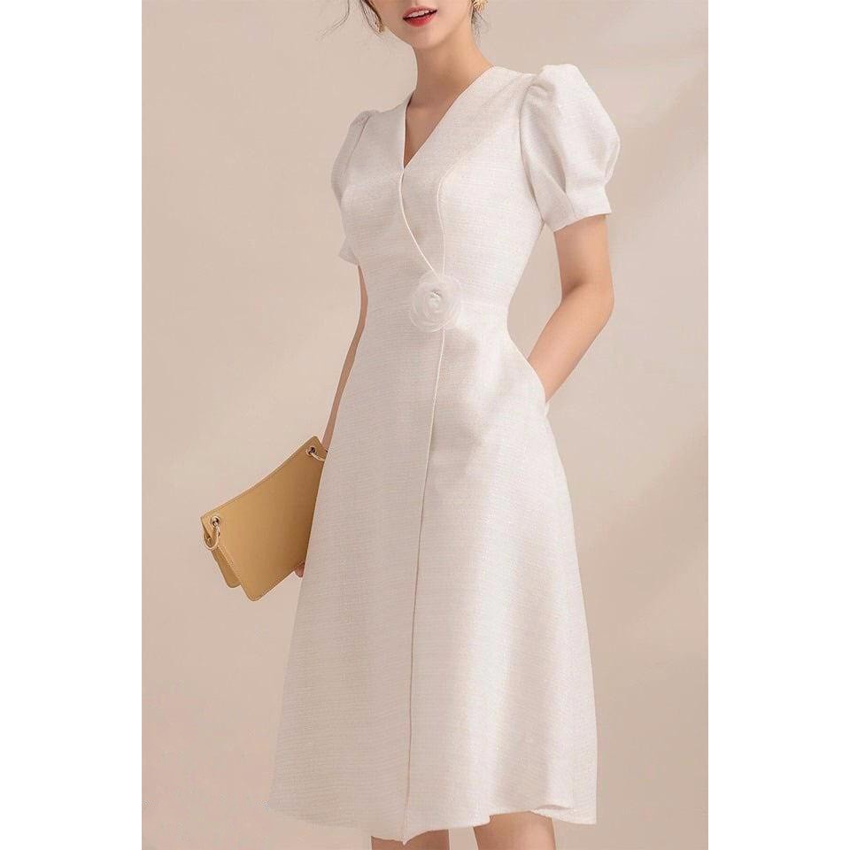 Đầm Xòe Đắp Chéo Cài Hoa Xưởng Thời Trang S&M Sang Trọng, Nữ Tính, Giá Rẻ - Gr380 (Không Có Túi)