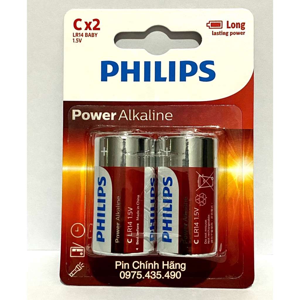 Pin Trung Philips Alkaline (Size C) Dung Lượng Cao 1.5V Hàng Chính Hãng Vỉ 2 Viên