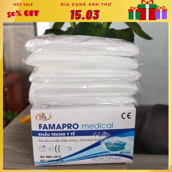 Thùng 50 hộp khẩu trang y tê 4 lớp kháng khuẩn cao cấp màu trắng Nam Anh Famapro (2500 cái)
