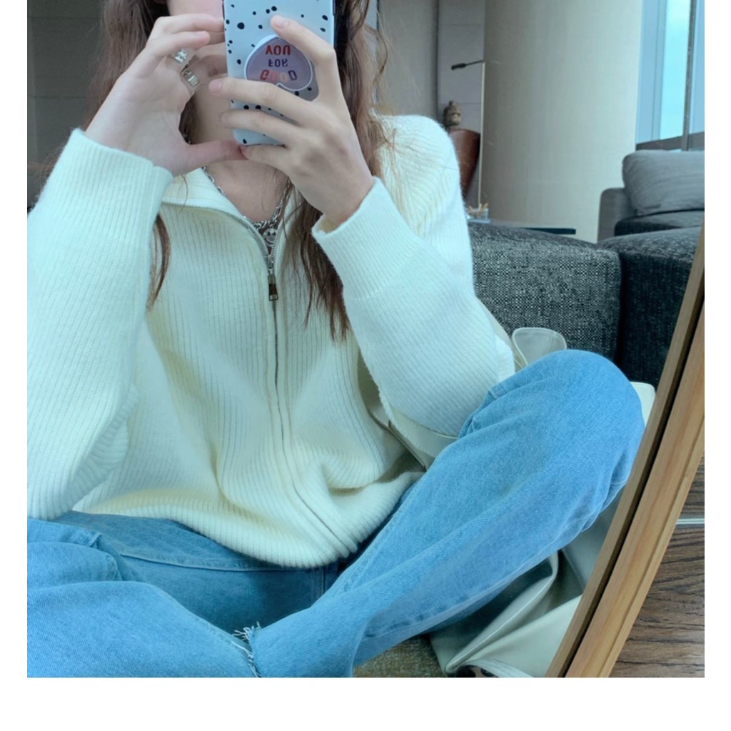 Áo Khoác cardigan Dệt Kim Mỏng Dáng Rộng Cổ Cao Hai Khóa Kéo Đơn Giản Thời Trang Phong Cách Hàn Quốc