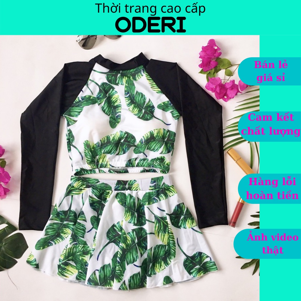 Bikini, Đồ Bơi Đi Biển Hai Mảnh Áo croptop Tay Dài Họa Tiết Váy Xòe ODERI HM-048
