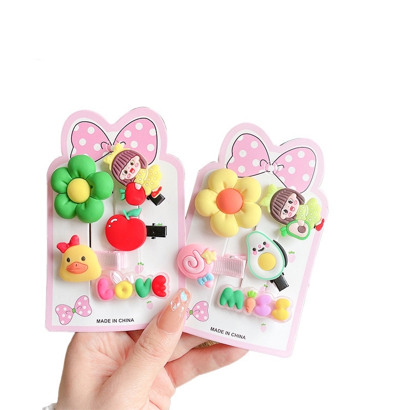 Sét 5 Kẹp tóc phong cách Hàn Quốc trái cây, hoạt hình, hoa, kem, công chúa xinh ngất ngây cho bé gái