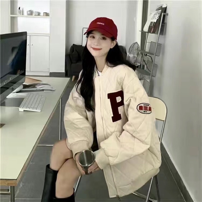 Áo phao bomber màu trắng đen trần trám, áo khoác bóng chày thu đông dài tay dày dặn siêu ấm phom Unisex phong cách Hàn