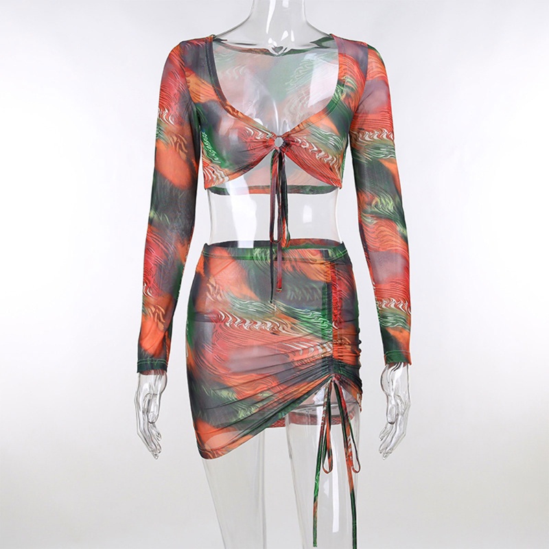 Set Áo Croptop Dài Tay + Chân Váy Rút Dây Màu Gradient Thời Trang Nữ