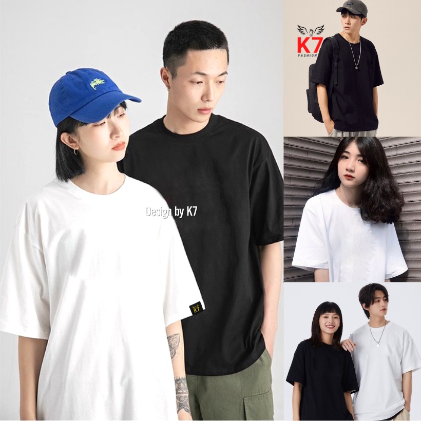 Áo thun tay lỡ nữ nam trắng đen trơn K7 100% cotton oversize form rộng thoáng mát dày dặn
