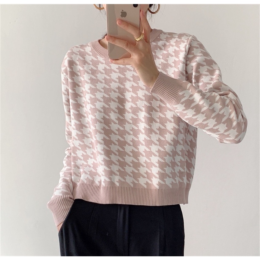 Áo len tay dài cổ tròn họa tiết Houndstooth phong cách Hàn Quốc