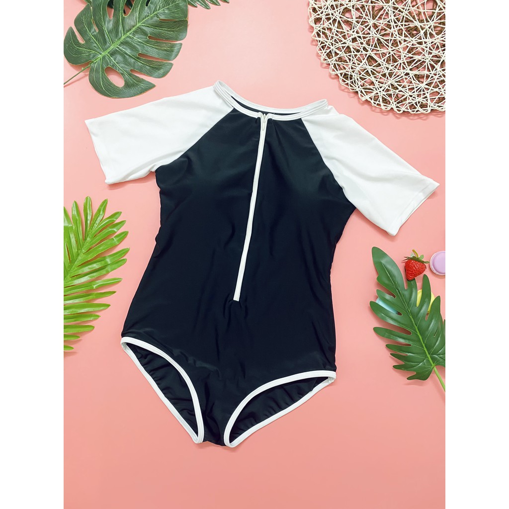 Bikini 1 mảnh , Bodysuit tay ngắn cộc tay có khóa kéo màu đen phối trắng Hiền Hồ🏖️Freeship🏖️