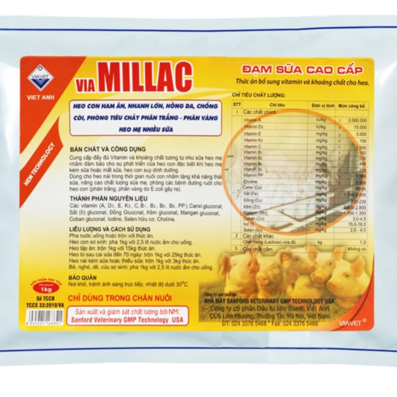Via Millac Heo con ham ăn, nhanh lớn, chống còi, phòng tiêu chảy phân trắng, phân vàng, heo mẹ nhiều sữa