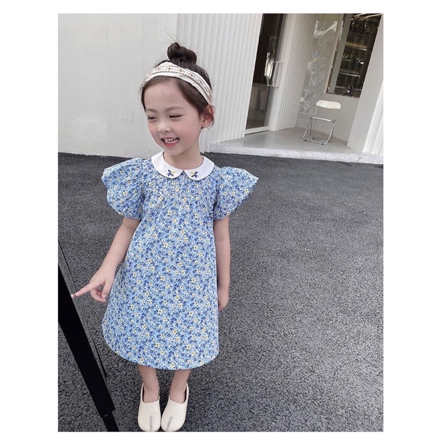 Váy Next hoa nhí xanh - cổ sen thêu hoa cho bé gái
