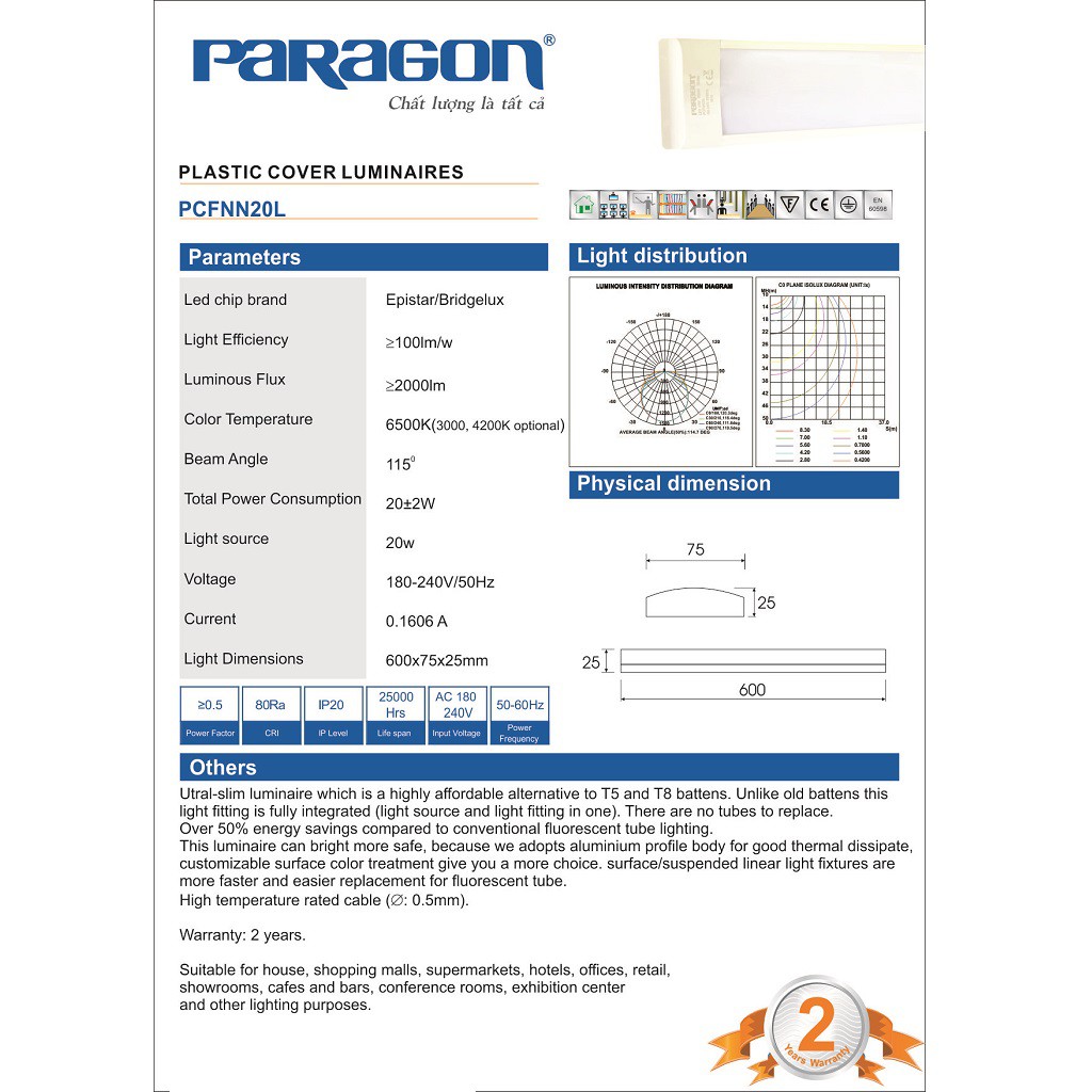 Máng Đèn LED Bán Nguyệt Paragon PCFNN Series – 20W/ 40W – 6 Tấc/ 1.2M - Ánh Sáng Vàng/ Trung Tính/ Trắng. Chính Hãng